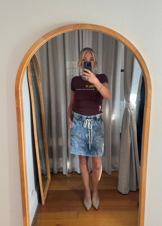 Bassike Stone Washed Paper Bag Denim Skirt - Size S