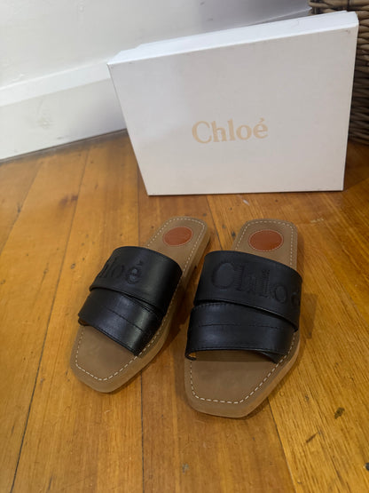 Chloe Black Woody Slides - Size 37W (Box Included)