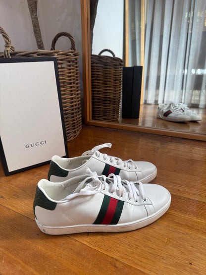 Gucci 'Ace' Webbing Trimmed Leather Sneakers - Size 40