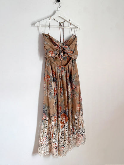 Zimmermann Brown Anais Antique Floral Cotton Tie Midi Dress - Size 10