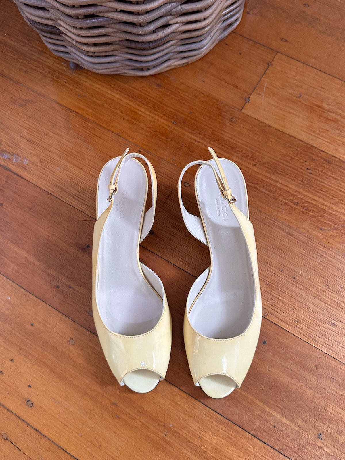 Gucci Patent Leather Leopard Peep-Toe Wedge Heels - Size 37