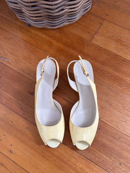 Gucci Patent Leather Leopard Peep-Toe Wedge Heels - Size 37