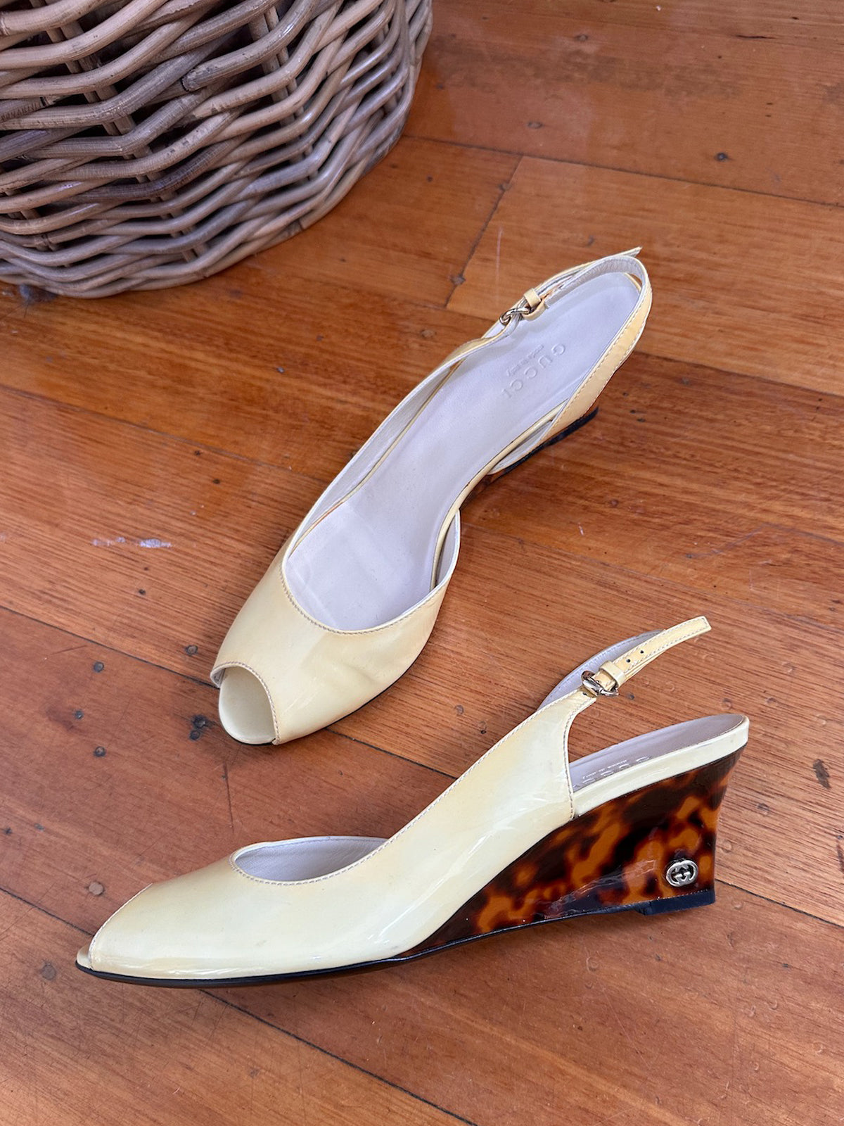 Gucci Patent Leather Leopard Peep-Toe Wedge Heels - Size 37