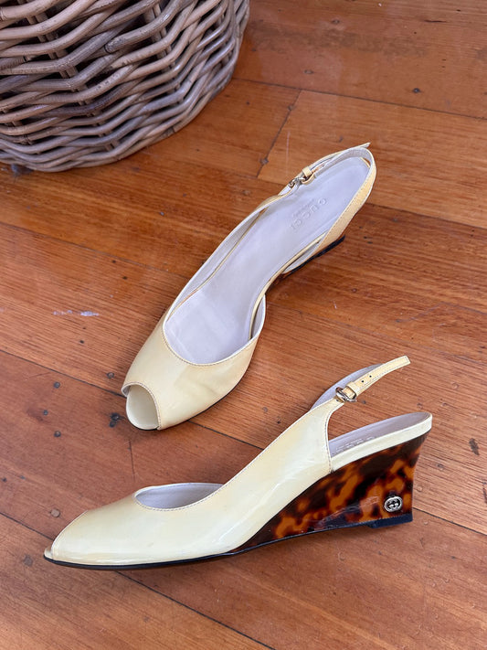 Gucci Patent Leather Leopard Peep-Toe Wedge Heels - Size 37