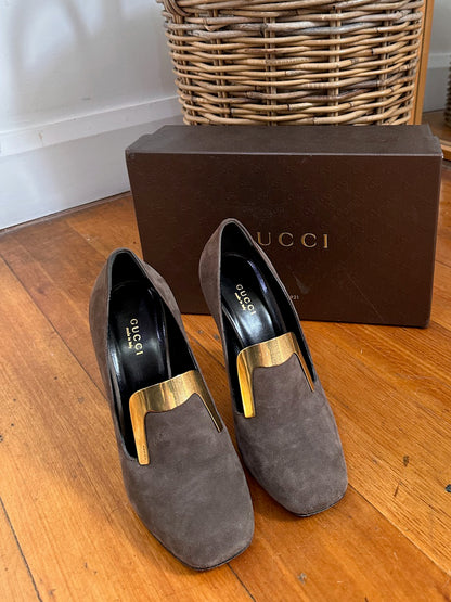 Gucci Chocolate Suede Loafer Pumps with Gold Detail in Box - Size 38