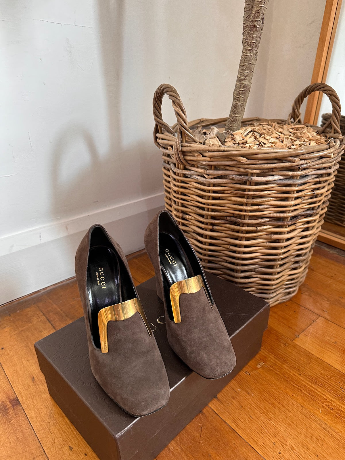 Gucci Chocolate Suede Loafer Pumps with Gold Detail in Box - Size 38