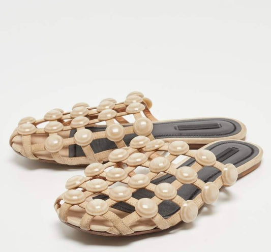 Alexander Wang Amelia Beige Suede Mules with Studs - Size 38 (Like New)