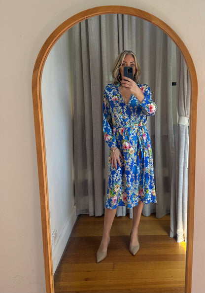 Scanlan Theodore Silk Floral Blue Dress with Tie Belt - Size 8