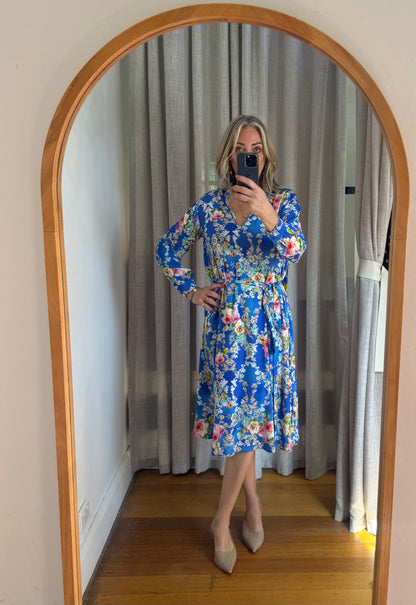 Scanlan Theodore Silk Floral Blue Dress with Tie Belt - Size 8