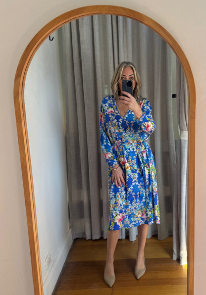 Scanlan Theodore Silk Floral Blue Dress with Tie Belt - Size 8