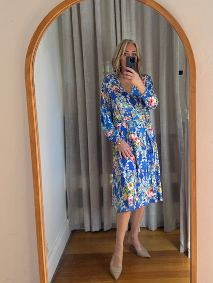 Scanlan Theodore Silk Floral Blue Dress with Tie Belt - Size 8