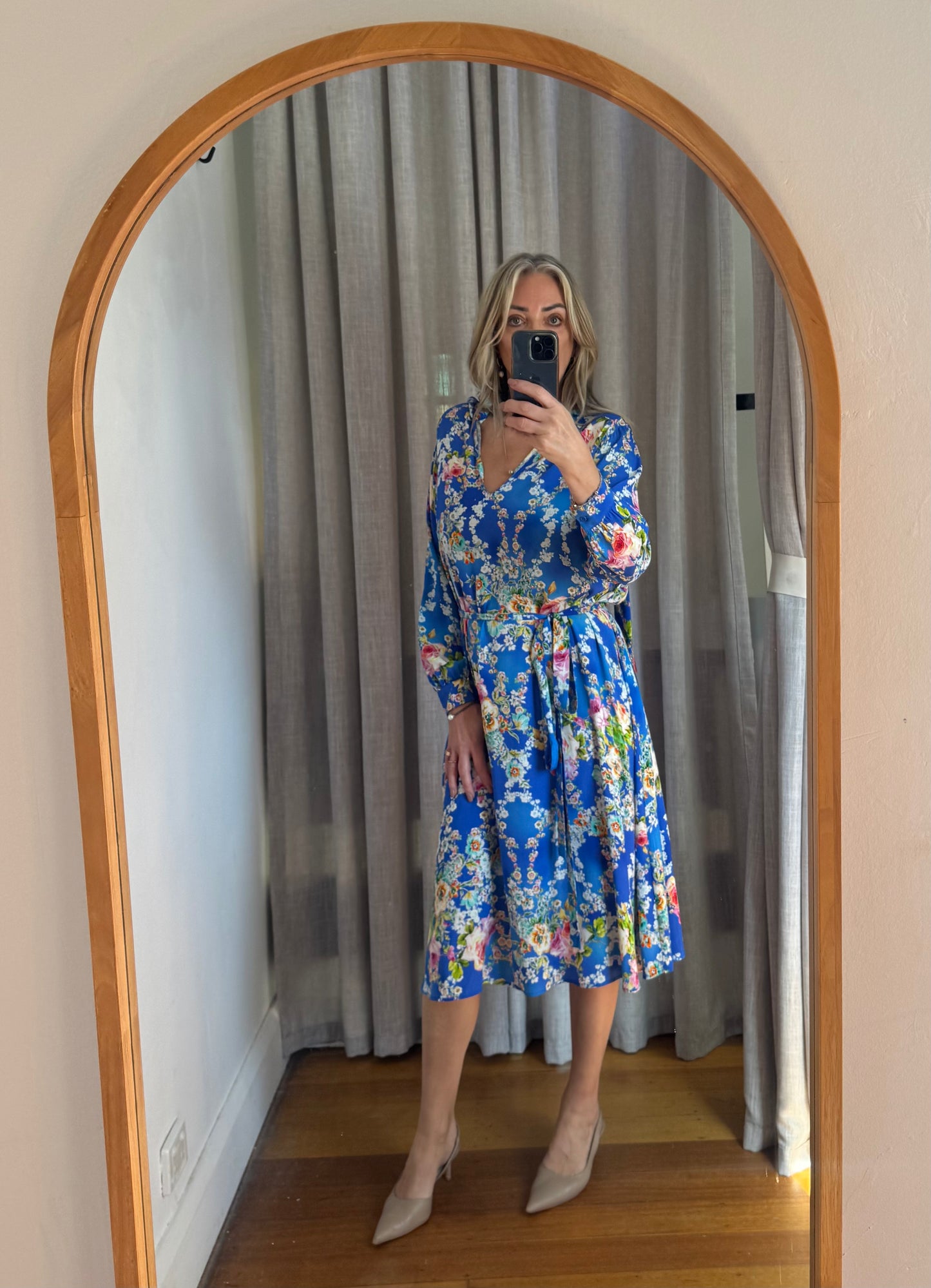 Scanlan Theodore Silk Floral Blue Dress with Tie Belt - Size 8