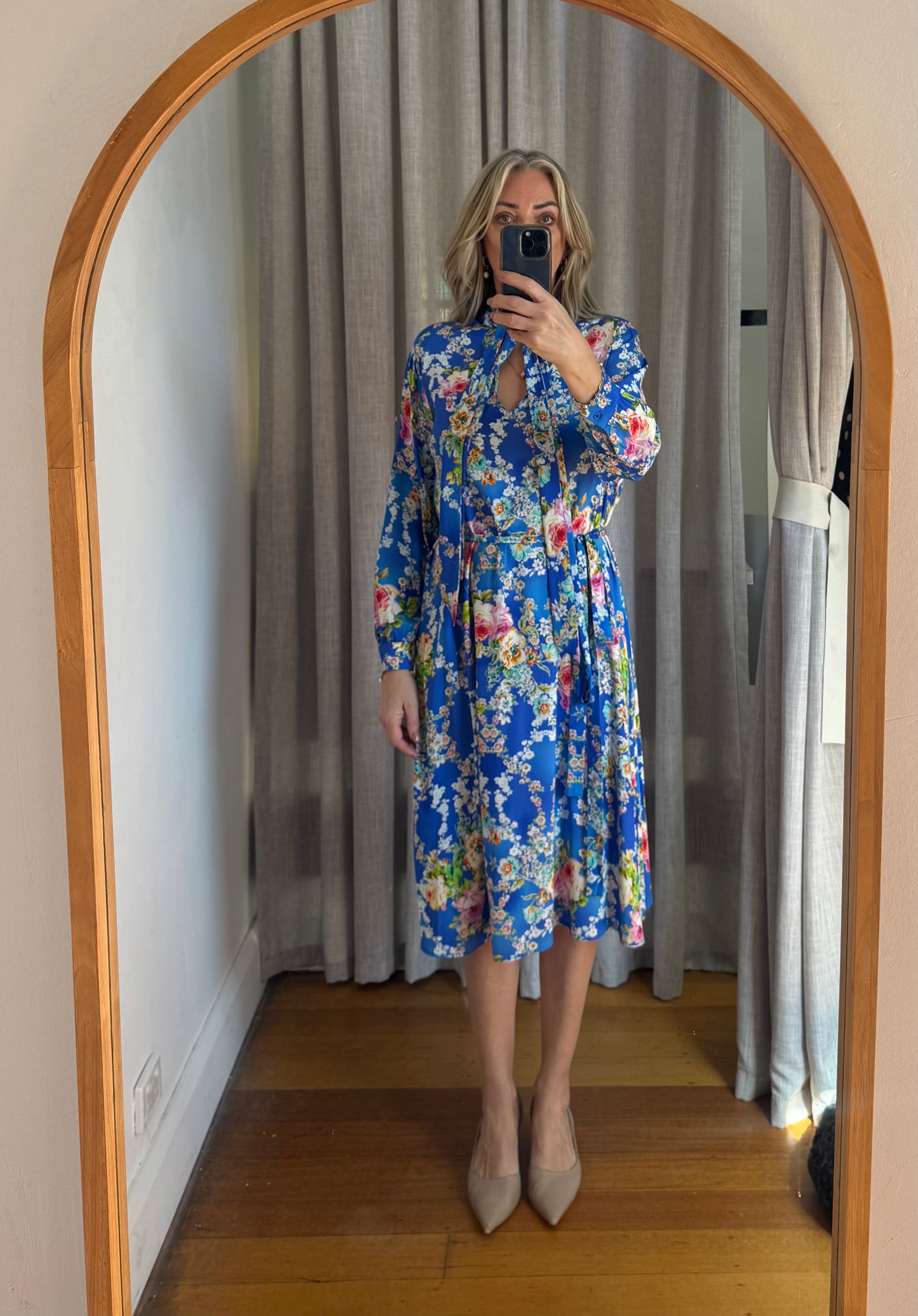 Scanlan Theodore Silk Floral Blue Dress with Tie Belt - Size 8