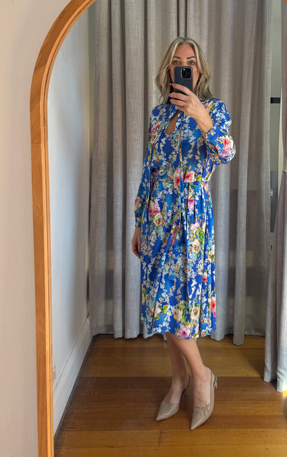 Scanlan Theodore Silk Floral Blue Dress with Tie Belt - Size 8