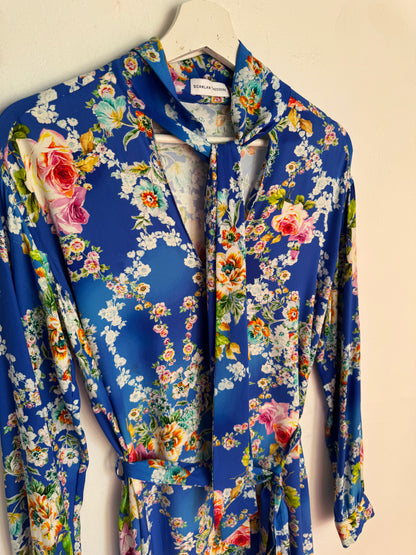 Scanlan Theodore Silk Floral Blue Dress with Tie Belt - Size 8