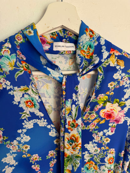 Scanlan Theodore Silk Floral Blue Dress with Tie Belt - Size 8