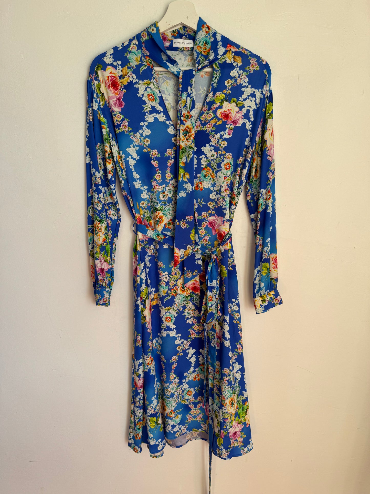 Scanlan Theodore Silk Floral Blue Dress with Tie Belt - Size 8