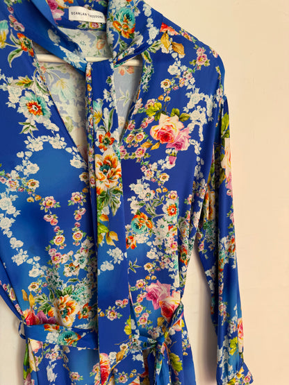 Scanlan Theodore Silk Floral Blue Dress with Tie Belt - Size 8