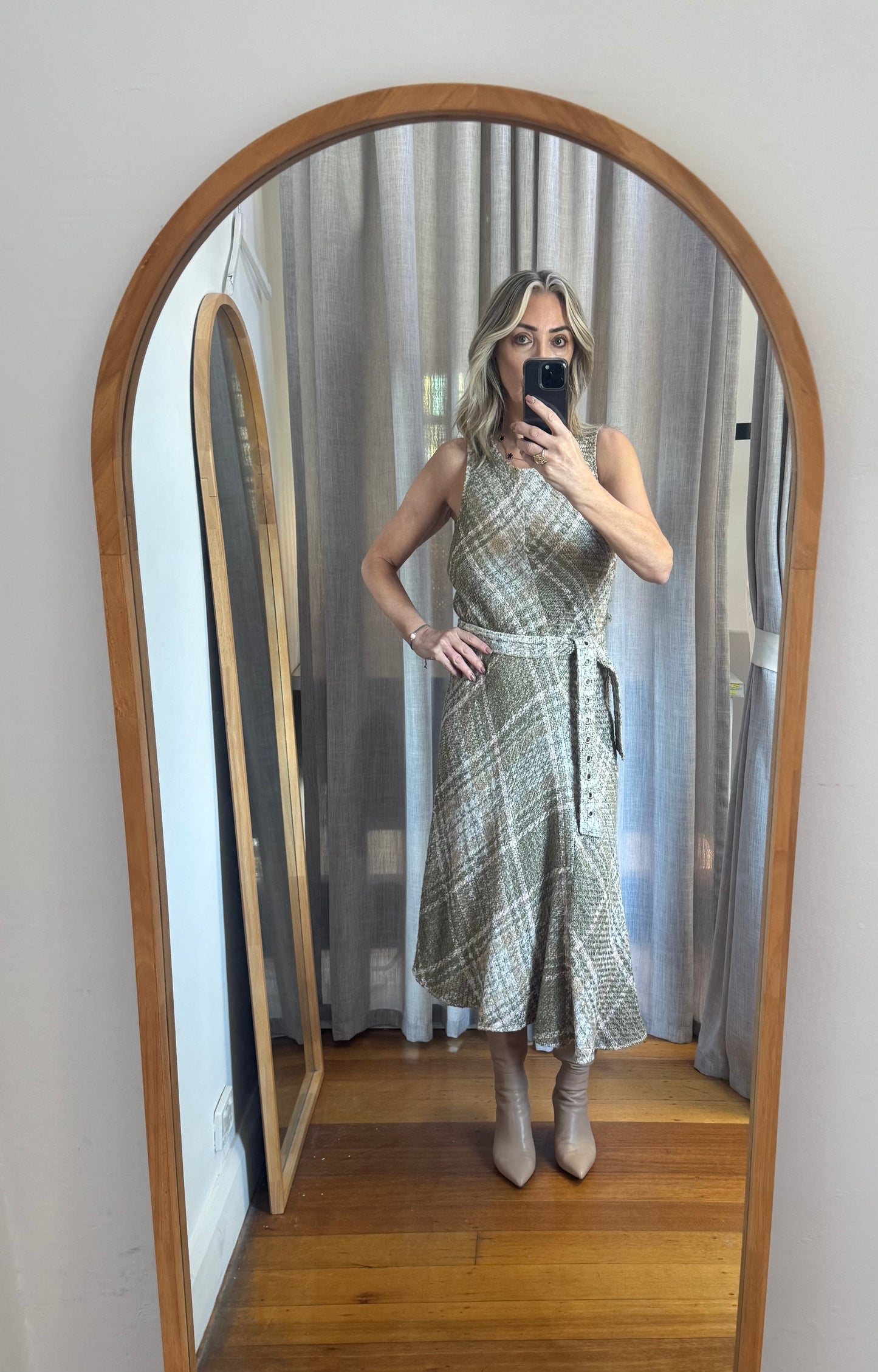 Scanlan Theodore Tweed Linen Khaki Dress - Size 10