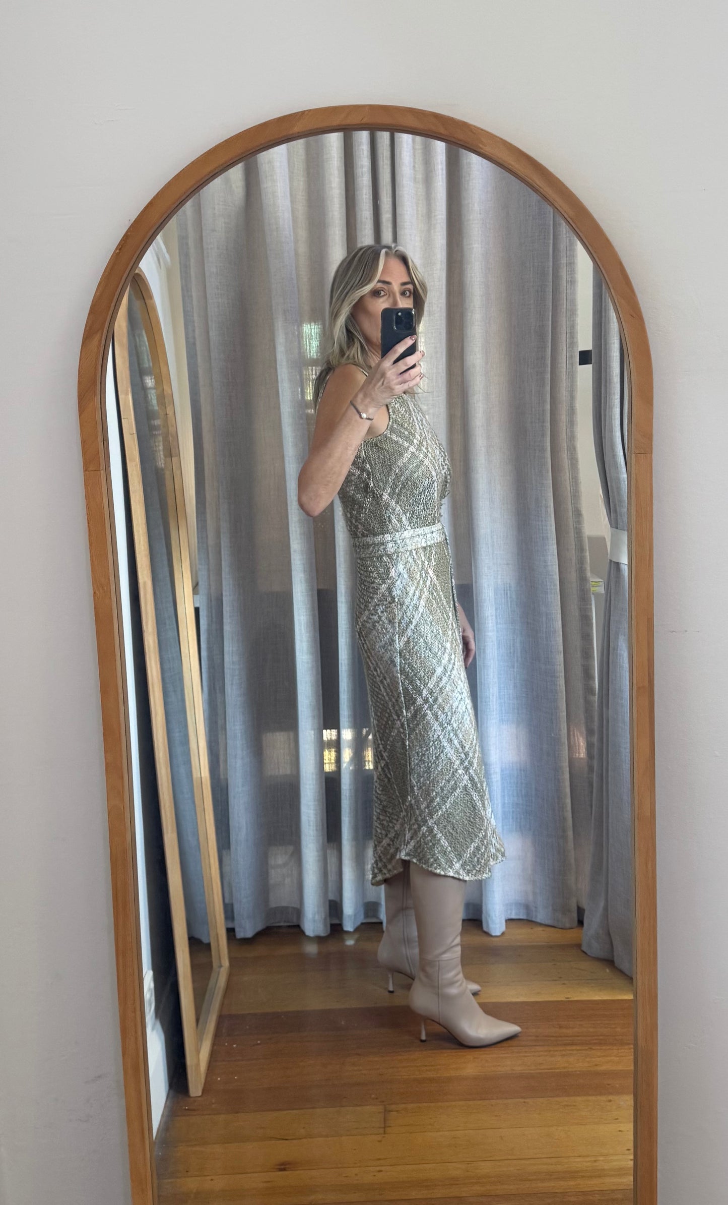 Scanlan Theodore Tweed Linen Khaki Dress - Size 10