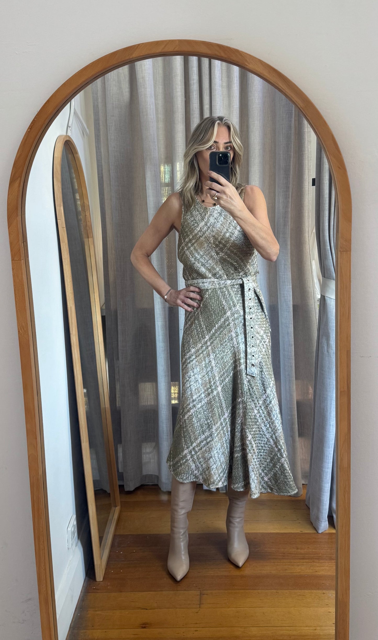 Scanlan Theodore Tweed Linen Khaki Dress - Size 10