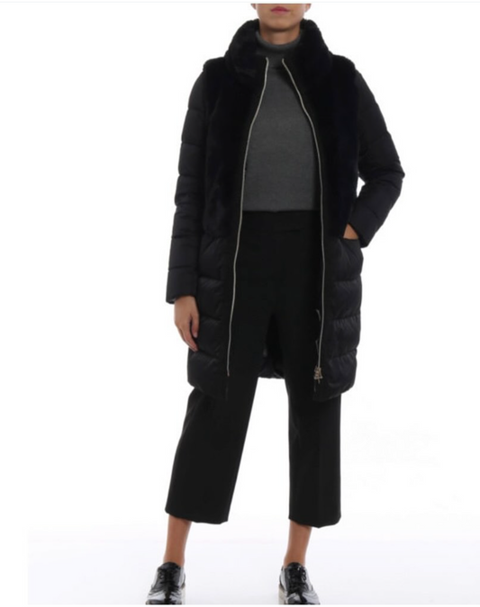 Herno Quilted Satin Coat with Faux Fur Panels