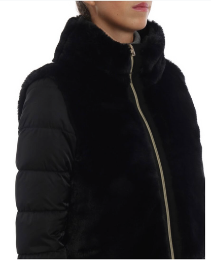 Herno Quilted Satin Coat with Faux Fur Panels