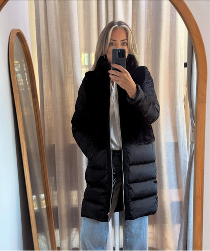 Herno Quilted Satin Coat with Faux Fur Panels