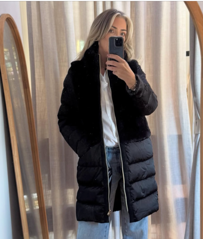Herno Quilted Satin Coat with Faux Fur Panels