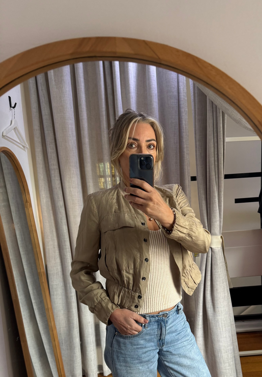 Scanlan Theodore Beige Silk Cropped Bomber Jacket - Size 10