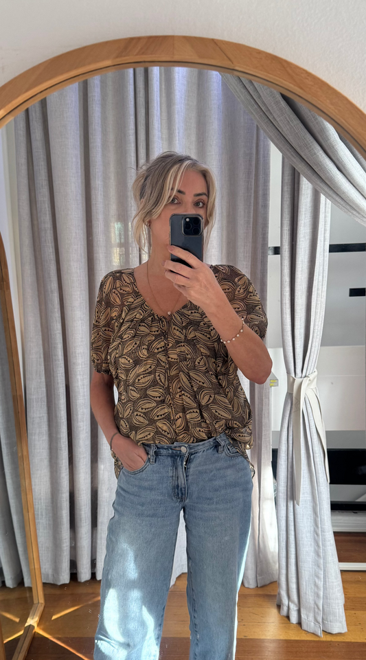 Diane von Furstenberg Merrill Brown Silk Layered Print Blouse - Size 10