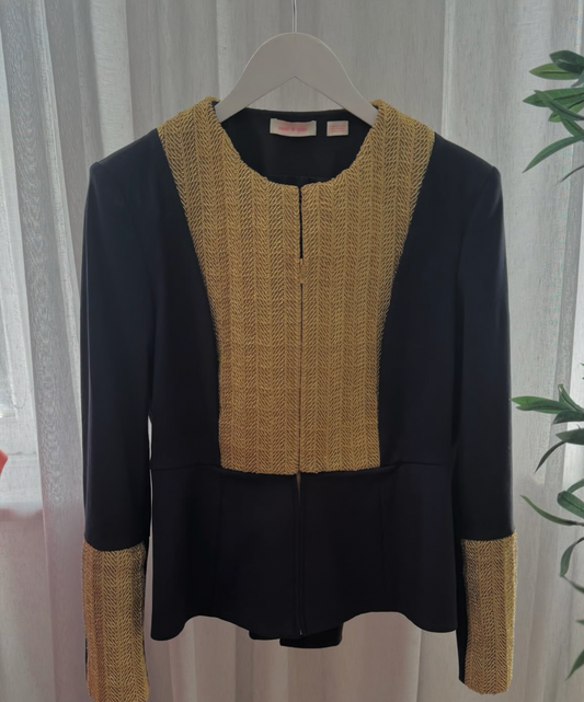 sass & bide Navy & Gold Tailored Brocade Blazer - Size 10