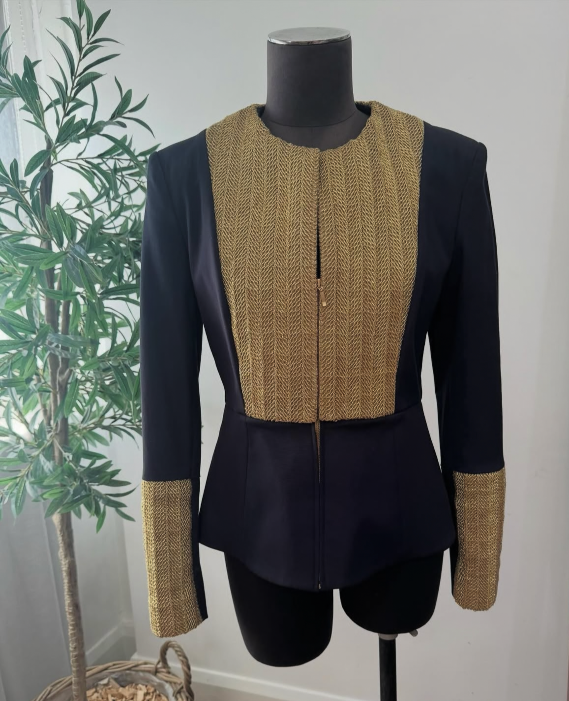 sass & bide Navy & Gold Tailored Brocade Blazer - Size 10