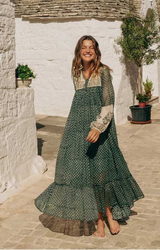 Daughters of India Rooh Fully Lined Green Paisley Maxi Dress - Size S