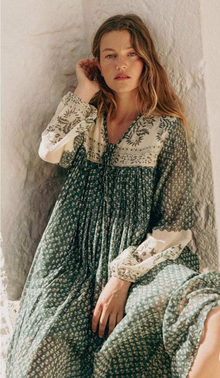 Daughters of India Rooh Fully Lined Green Paisley Maxi Dress - Size S