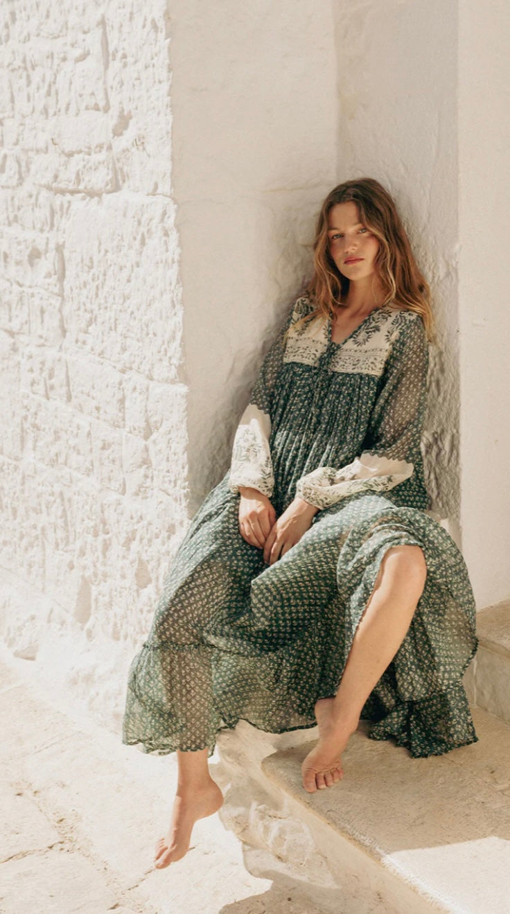 Daughters of India Rooh Fully Lined Green Paisley Maxi Dress - Size S