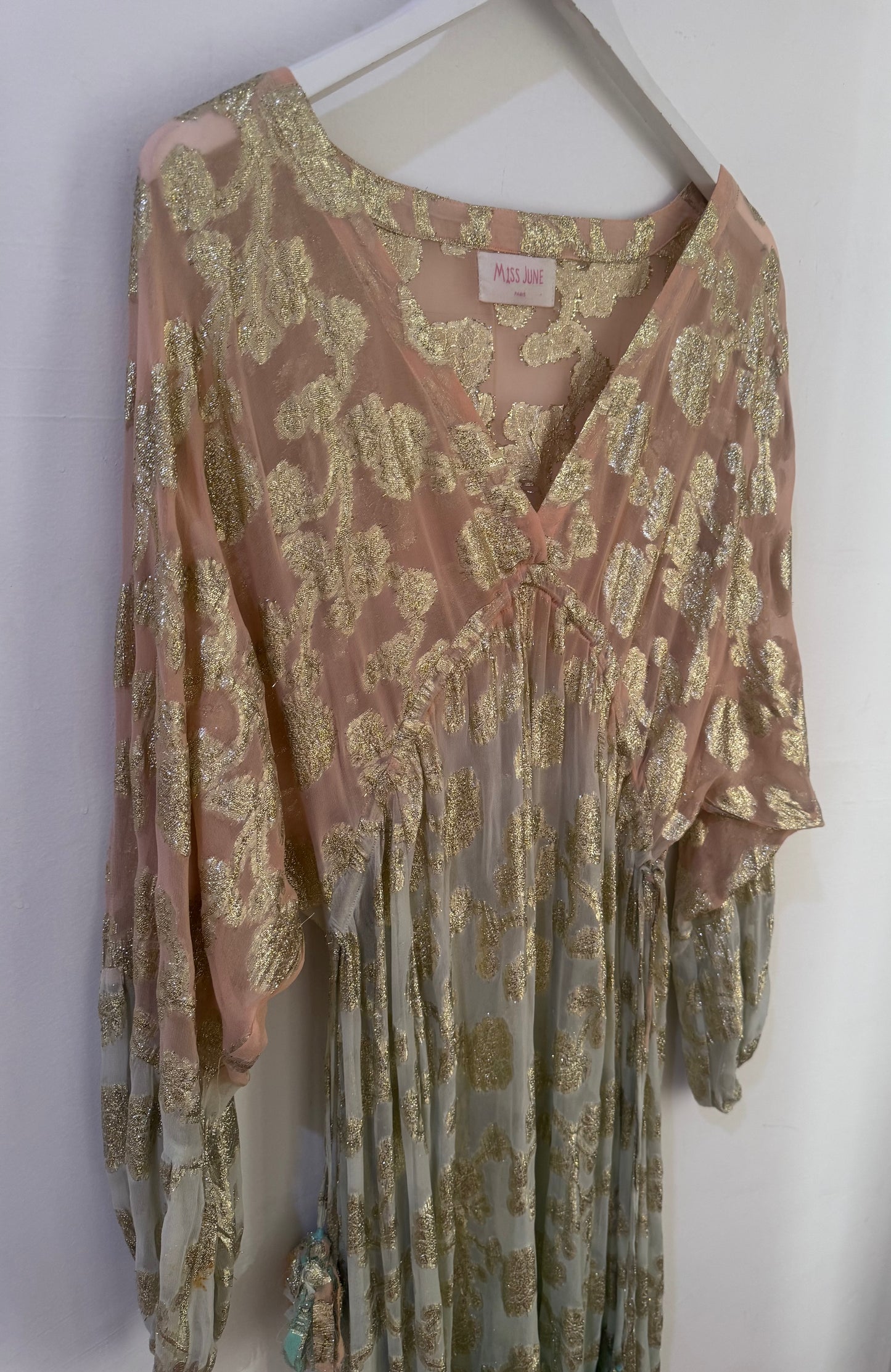 Miss June Floral Print Gold Kaftan Dress - Size S