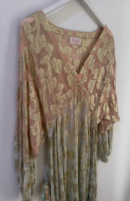 Miss June Floral Print Gold Kaftan Dress - Size S