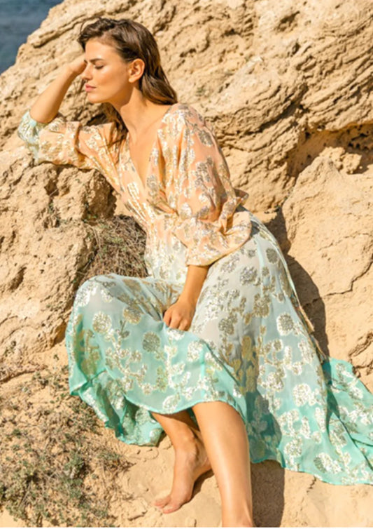 Miss June Floral Print Gold Kaftan Dress - Size S