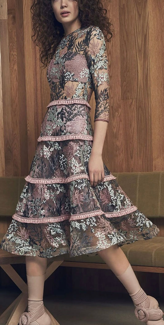 Alexis Ruth Embroidered Long-Sleeve Cocktail /Evening Dress - Size M