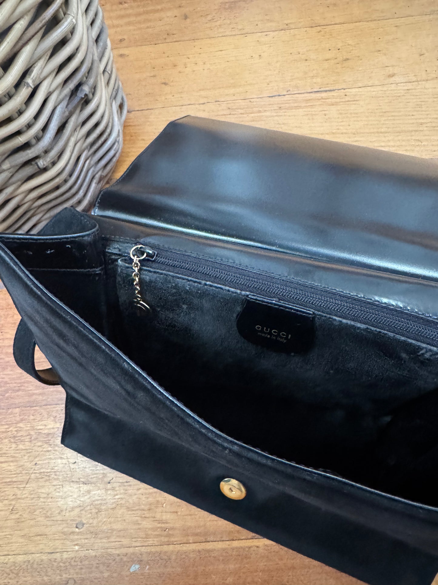 Gucci Black Suede Bag with Gold Detail