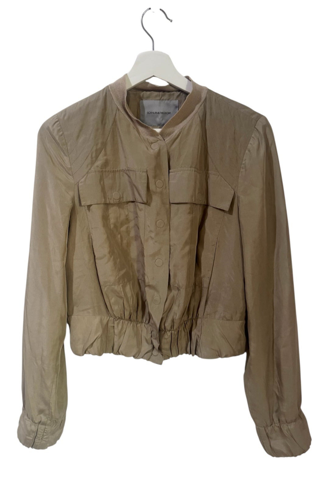Scanlan Theodore Beige Silk Cropped Bomber Jacket - Size 10