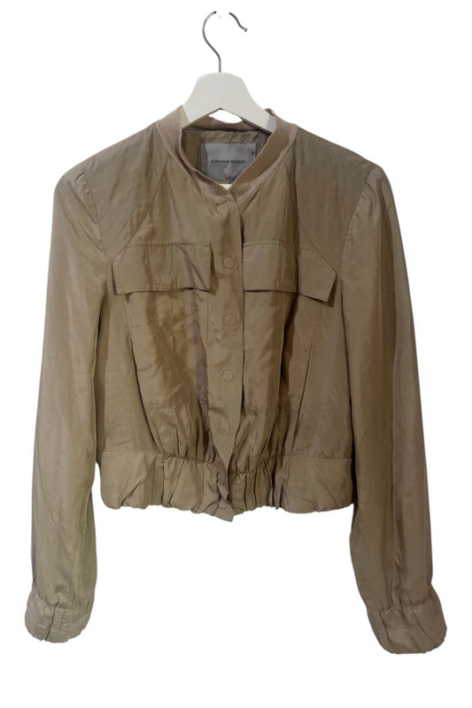 Scanlan Theodore Beige Silk Cropped Bomber Jacket - Size 10