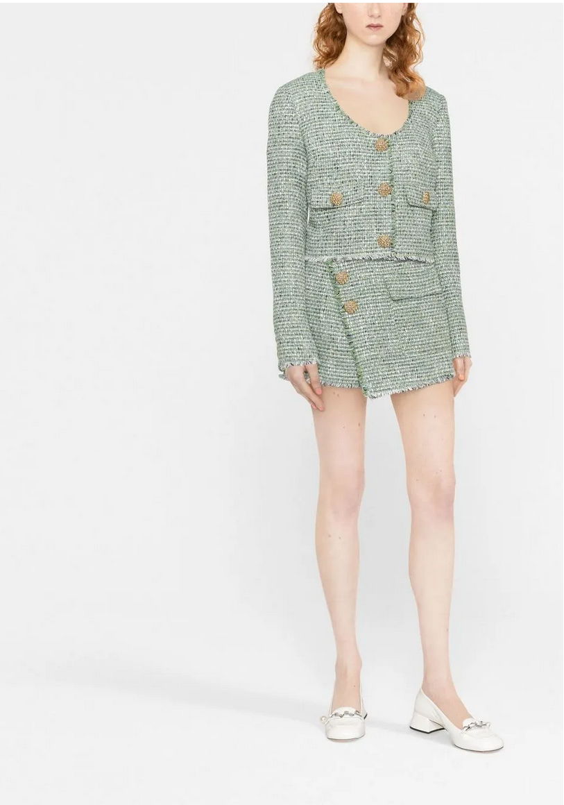 Self Portrait Green Tweed Scoop Neck Jacket - Size 12