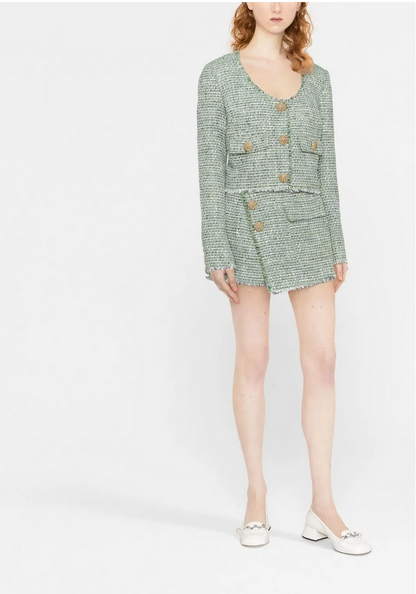 Self Portrait Green Tweed Scoop Neck Jacket - Size 12