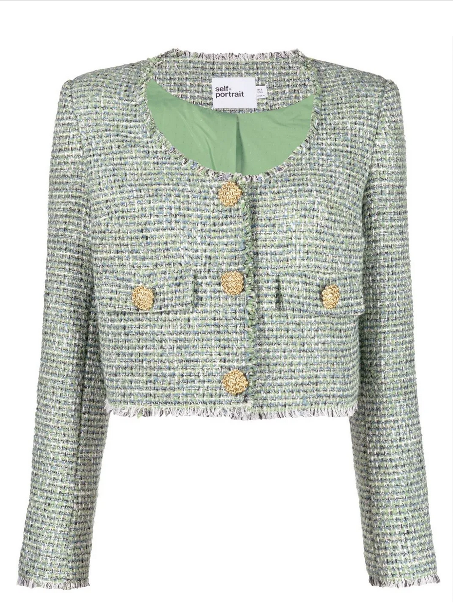 Self Portrait Green Tweed Scoop Neck Jacket - Size 12