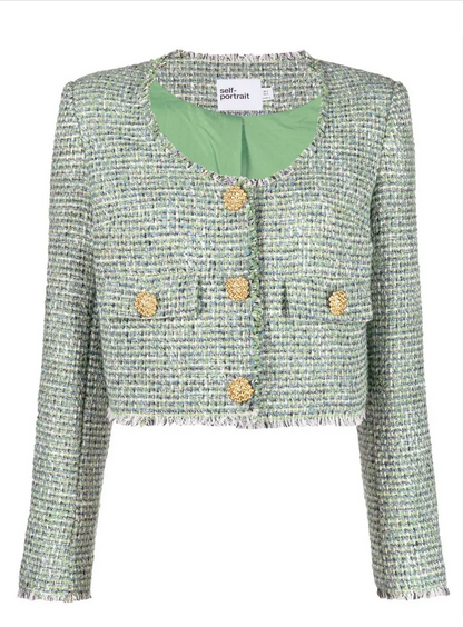 Self Portrait Green Tweed Scoop Neck Jacket - Size 12