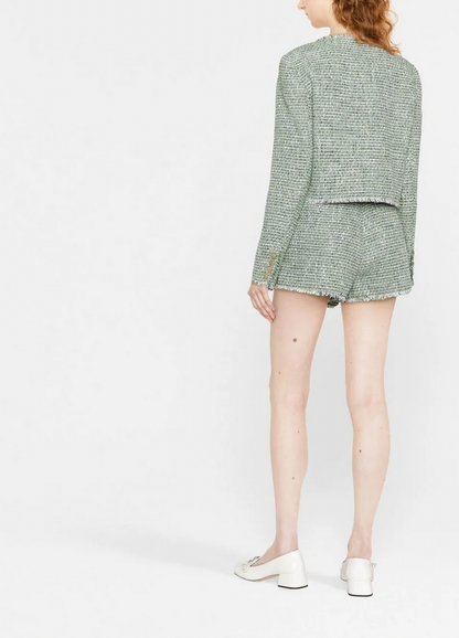Self Portrait Green Tweed Scoop Neck Jacket - Size 12