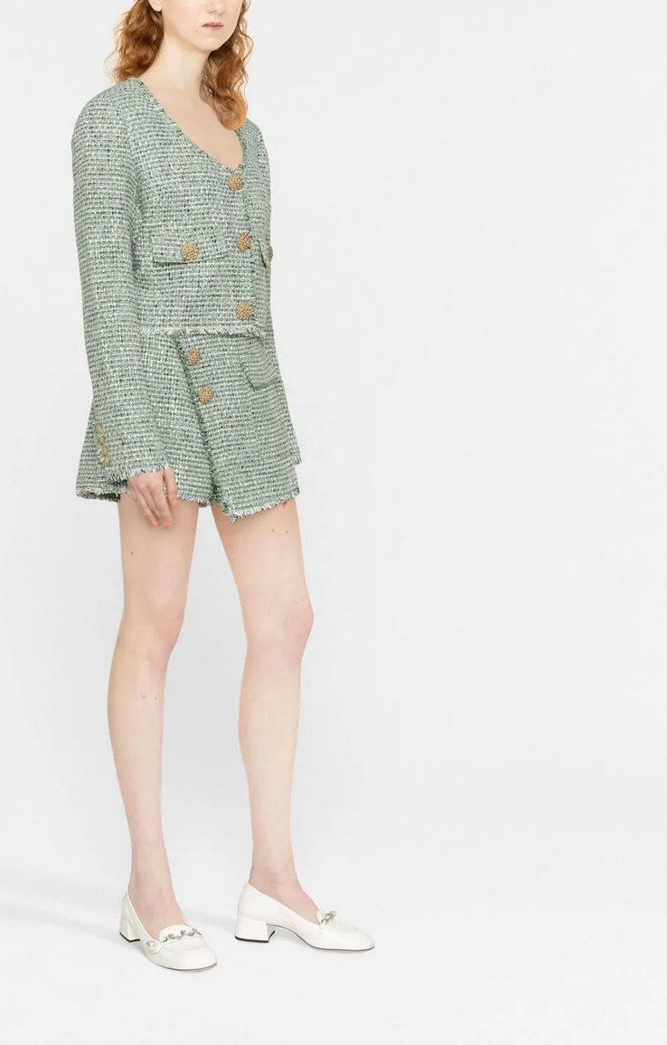 Self Portrait Green Tweed Scoop Neck Jacket - Size 12