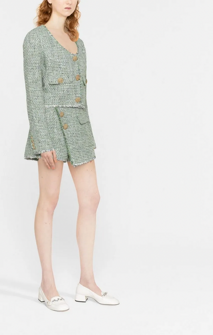 Self Portrait Green Tweed Scoop Neck Jacket - Size 12